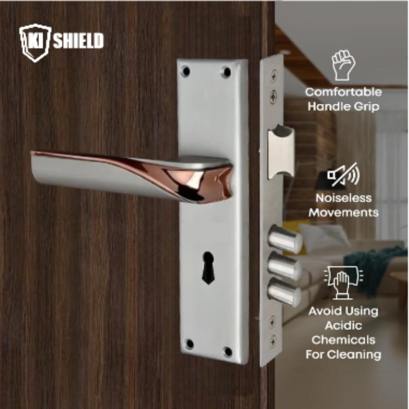 KI SHIELD مجموعة مقبض قفل الباب الميت | مجموعة قفل فولاذية 8 بوصة 1019 KY | قفل مزدوج الدور 6 رافعات 65 مم | مناسب لباب غرفة المعيشة وباب النوم لليد اليسرى واليمنى (تشطيب فضي ساتيني/ذهب وردي) - Image 4