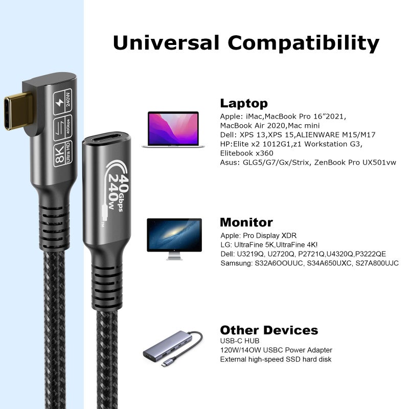 CHENLENIC USB C 4 Extension Cable, with Thunderbolt 4 Cable, 240 W Charging, 40 Gbps Data, 8K @ 60Hz 4K, PD3.1, USB C Female, for Hub, Dock MacBook, SSD - Image 3