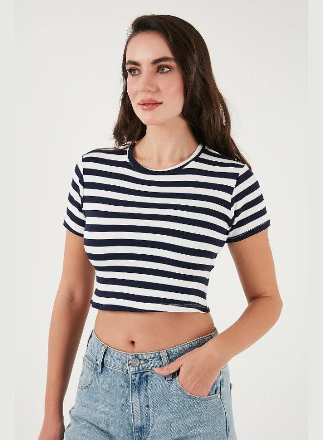 Lela Lela Slim Fit Crew Neck Striped Crop T Shirt Women's T-Shirt 5866110