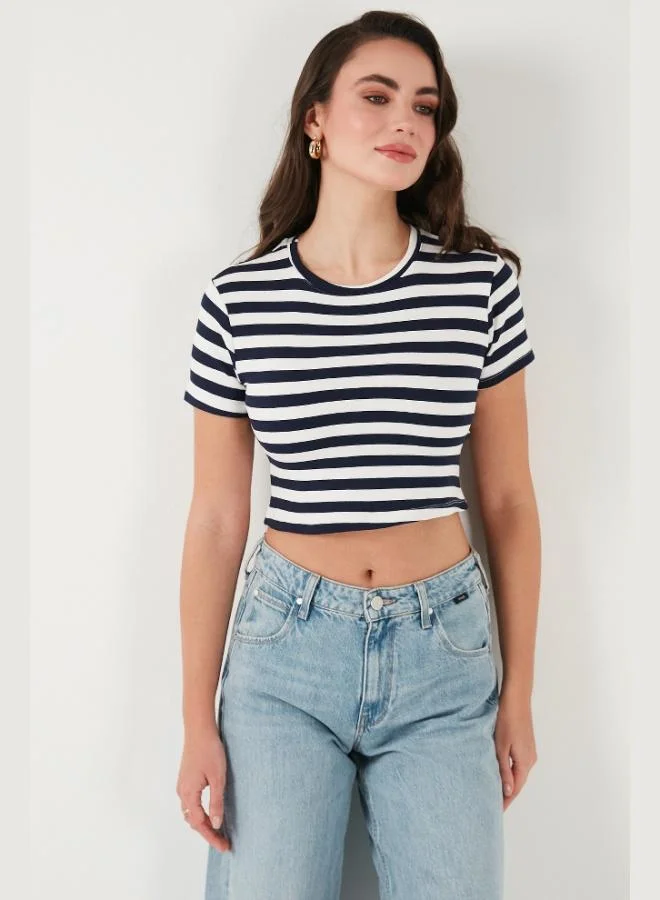 Lela  Lela Slim Fit Crew Neck Striped Crop T Shirt Women's T-Shirt 5866110 for Women | Best Price UAE