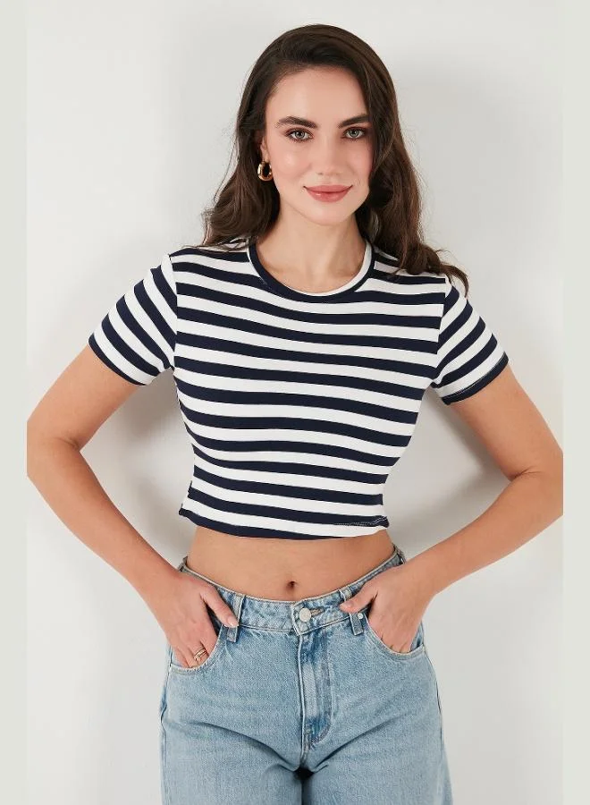 Lela  Lela Slim Fit Crew Neck Striped Crop T Shirt Women's T-Shirt 5866110 for Women | Best Price UAE