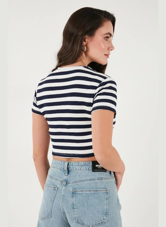 Lela  Lela Slim Fit Crew Neck Striped Crop T Shirt Women's T-Shirt 5866110 for Women | Best Price UAE
