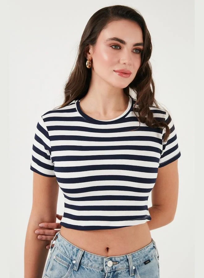 Lela  Lela Slim Fit Crew Neck Striped Crop T Shirt Women's T-Shirt 5866110 for Women | Best Price UAE