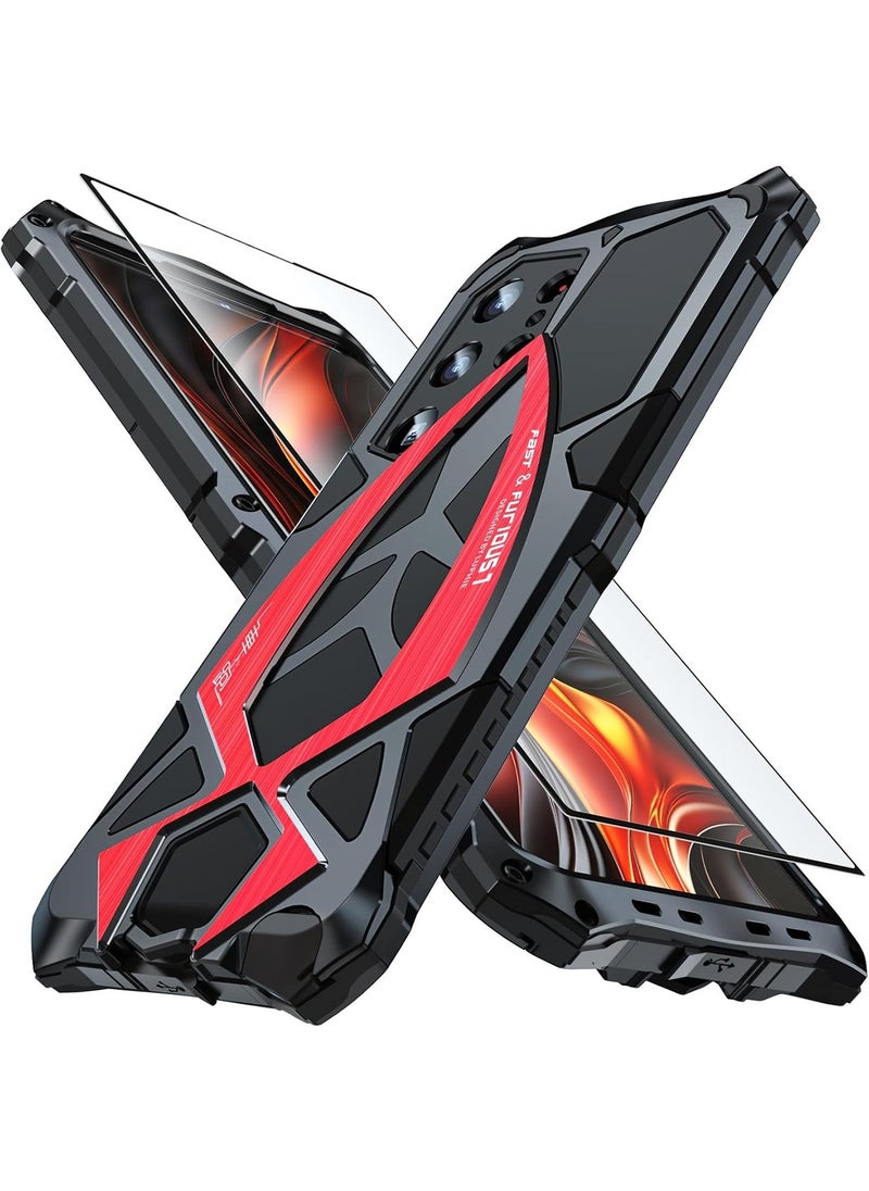 Aookay - [1+1] Metal Case for Samsung Galaxy S25 Ultra Case, with 1 Tempered Glass Screen Protector, Mil-Aluminum Metal Shockproof Case Full Body Protection Heavy Duty Armor Hard Cover (Red) - Image 1
