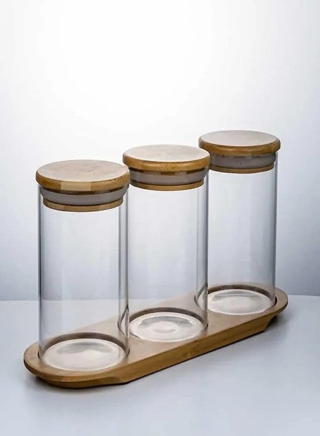 miRim Boroslicate Airtight Jar with Bamboo Tray for Kitchen Food Storage, Nuts, Cereal, Candy, Cookie, Flour, Pasta, Spices, (set of 3 pcs) (270 ml Round wooden lid) - Image 1