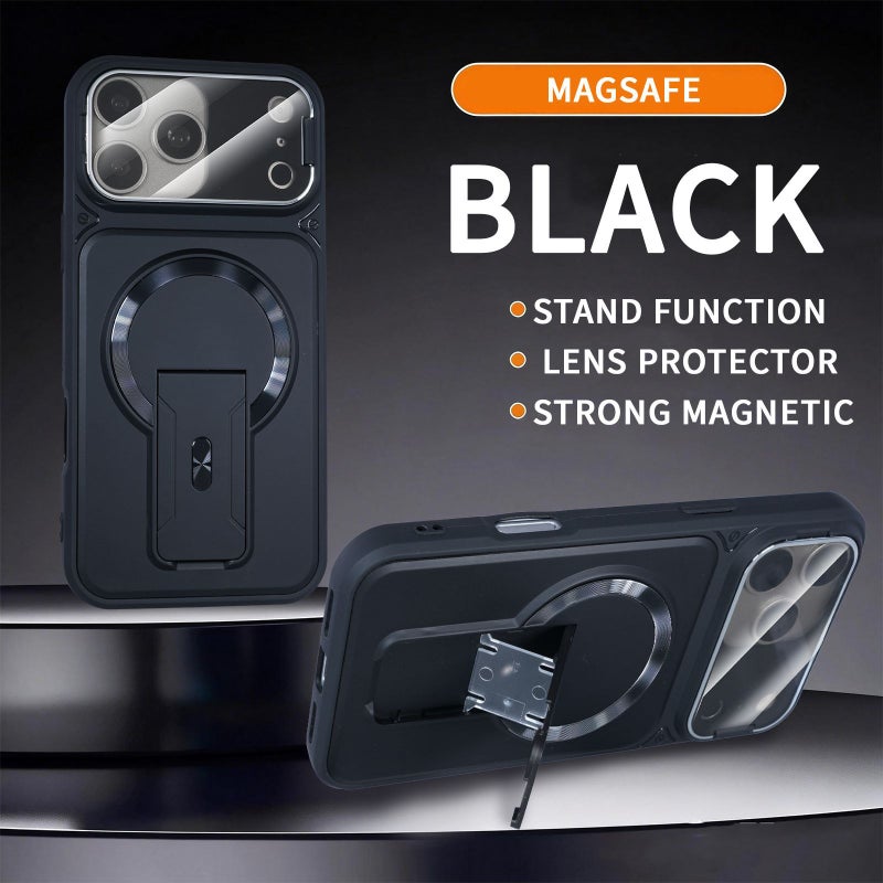 غطاء MagSafe بسيليكون لـ iPhone 16 / 16 Plus / 16 Pro / 16 Pro Max مع مغناطيس قوي وحامل قائم مع مقاوم للصدمات مع تغطية كاملة مع حماية من السقوط باللون أسود مغناطيسي بوظيفة حامل من. - Image 1