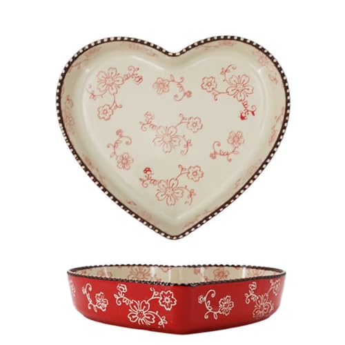 WAIT FLY Ceramic Sakura Pie Pan 33 OZ Quiche Baking Dish Heart Shape Pie Dish for Lasagna, Apple Pie-1 PCS-Red - Image 1