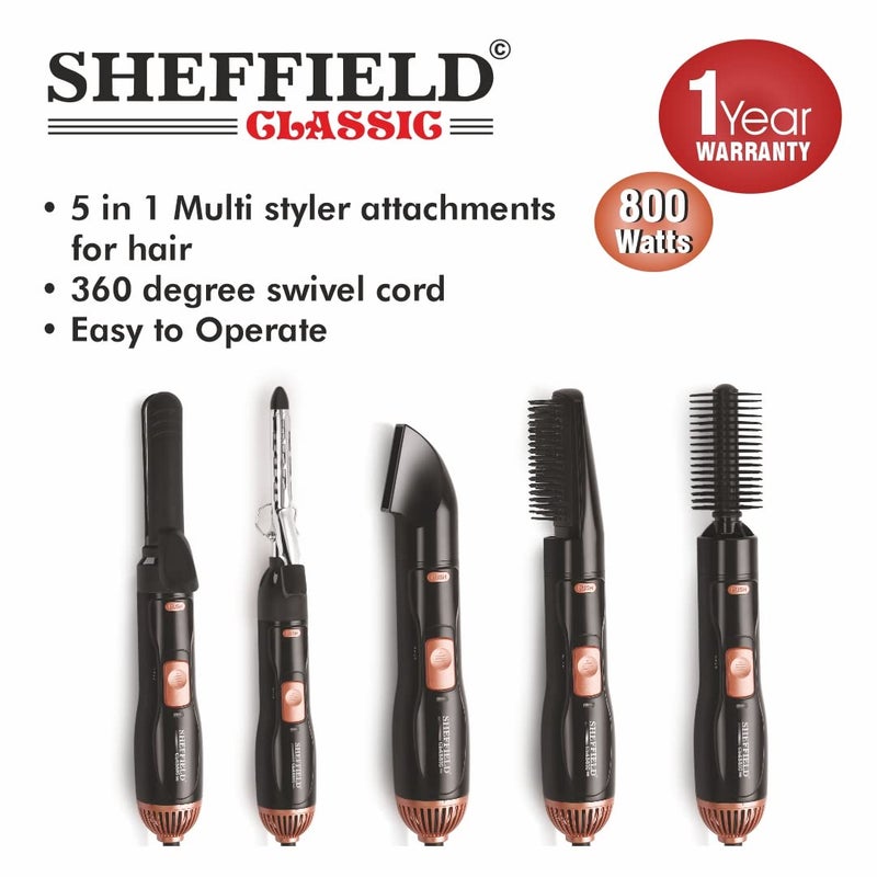 SHEFFIELD CLASSIC مجموعة تصفيف الشعر شيفيلد كلاسيك 5 في 1 مكواة تجعيد ومملس ومجفف شعر مع مشط دائري وفوهة 800 واط لتصفيف الشعر للاستخدام المنزلي والصالونات هدية مثالية للنساء باللون الأسود - Image 5