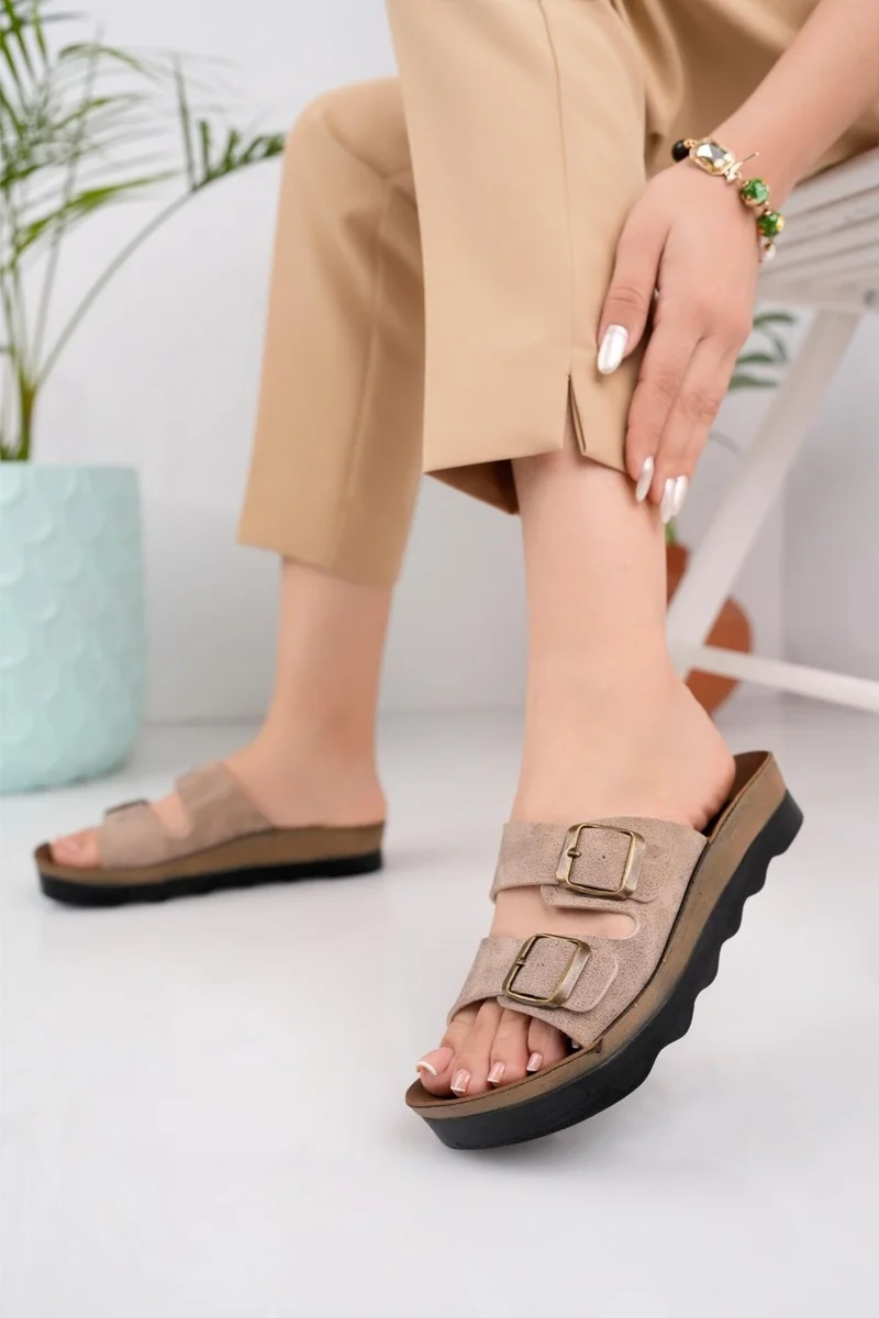 muggo Lena Women's Guaranteed Daily Orthopedic Double Band Buckled Non-Slip Sole Comfortable Slippers