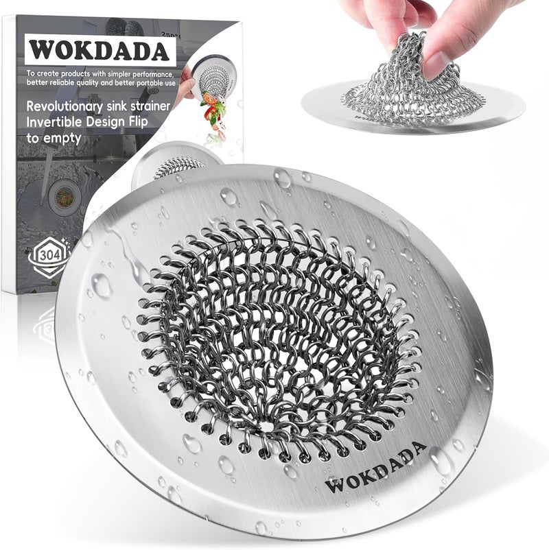 wokdada Revolutionary Kitchen Sink Drain Strainer/Patented Reversible Chain Mesh, Effortless Cleaning & Debris Catcher, Large Capacity, No Clog, 304 Stainless Steel & Rust-Proof/Handmade - Image 1