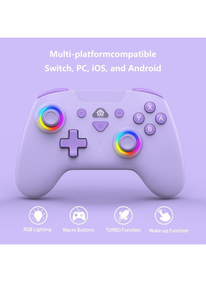 Wireless Switch Controllers for Nintendo Switch, 6-Axis Gyro, Turbo Function, 7-Color RGB Lights, Compatible with Switch1/Switch2/PC (Wired)/iOS, All Functions Included with a Stylish Design and Cute Color - Purple - Image 2