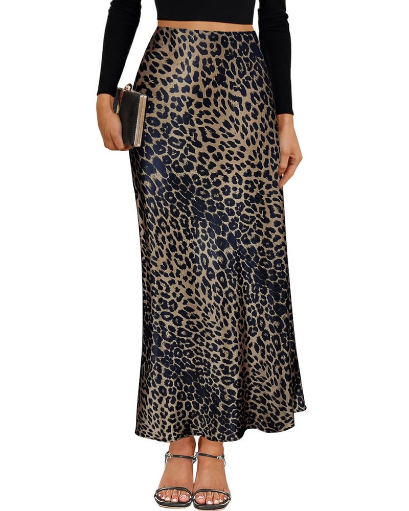 Teddify Women's Satin Maxi Skirt High Waisted Elastic Waistband Silk A-Line Casual Party Leopard Print Long Skirts for Women (Leopard Brown, X-Large) - Image 1