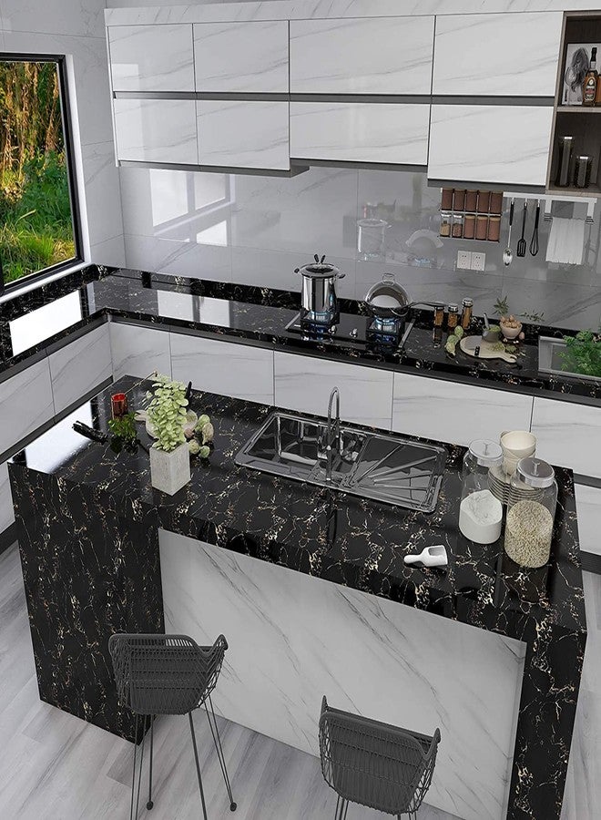 Abhaymart Wall Sticker Marble Waterproof Wallpaper Foil (60cm x 200cm) for Furniture, Kitchen, Cabinets, Almirah Plastic Table Wardrobe, Renovation Self Adhesive (Black Marble Golden Veins Foil) - Image 3