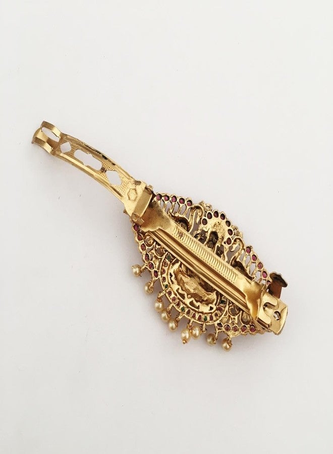 latest hair clips for women and girls antique gold color finish center clips with colorful stones (pack of 1) traditional back clips hair pins - Image 5