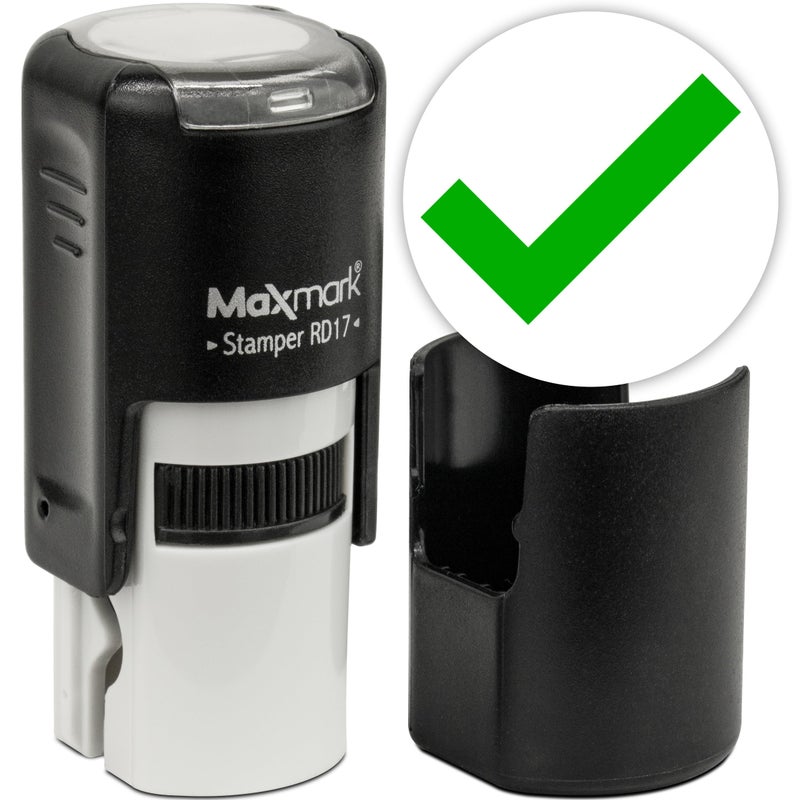 MaxMark Round Self Inking Emoji Stamp - Check - Green Ink - Image 1