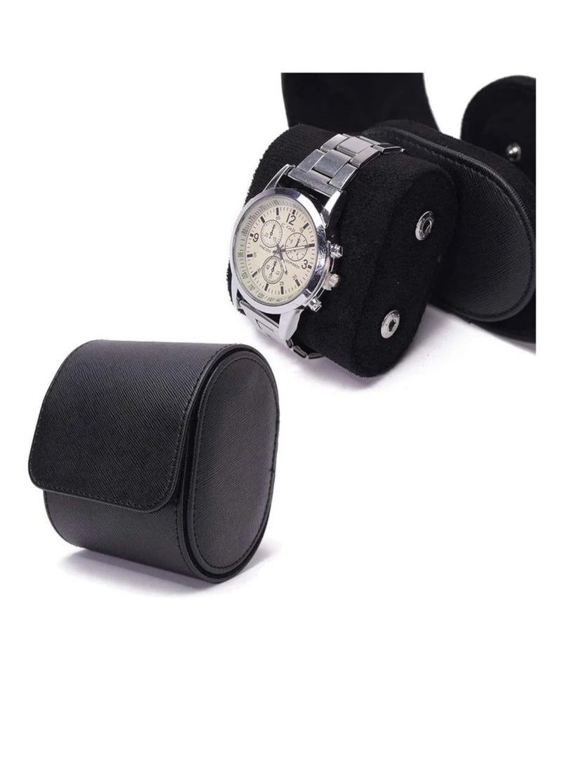 Watch Roll Travel Case Black Real Leather Watch Roll Single Watch Travel Case Leather Watch Box Roll Great for Travel with Large Watches Watch Storage Organizer Jewelry Gift Box - Image 3