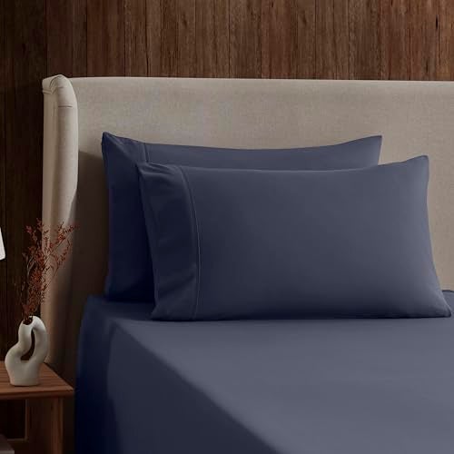 Nestl Split King Bed Sheet Set - Navy Blue - Instantly Soft Microfiber, No Break-in Wash - 4-Piece Deep Pocket Sheets & Pillowcases, Stays Put All Night - Image 3