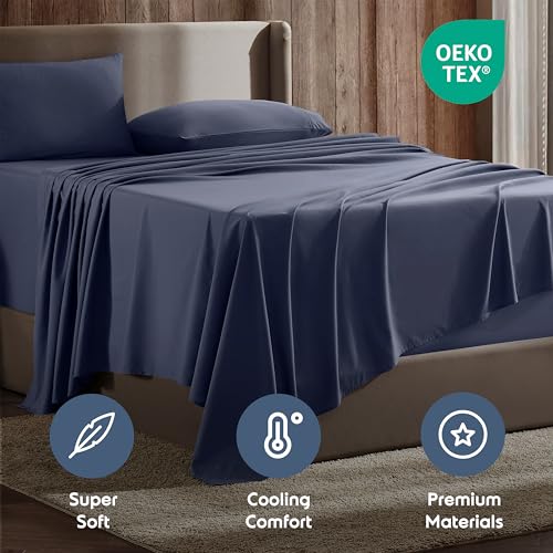 Nestl Split King Bed Sheet Set - Navy Blue - Instantly Soft Microfiber, No Break-in Wash - 4-Piece Deep Pocket Sheets & Pillowcases, Stays Put All Night - Image 5