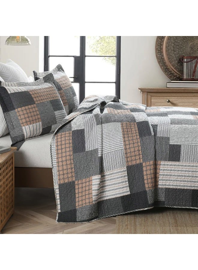 SahSahCasa Quilt King Size, King Quilt Set, 100% Cotton King Quilt Bedding Set Bedspread, Farmhouse Patchwork Quilt, Plaid Reversible Lightweight Rustic Comforter, Grey Black Brown White, 3 Pieces - Image 3
