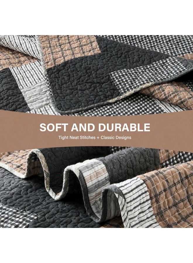 SahSahCasa Quilt King Size, King Quilt Set, 100% Cotton King Quilt Bedding Set Bedspread, Farmhouse Patchwork Quilt, Plaid Reversible Lightweight Rustic Comforter, Grey Black Brown White, 3 Pieces - Image 5