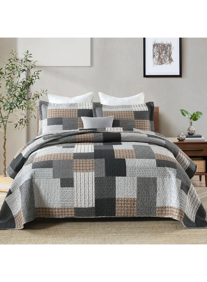 SahSahCasa Quilt King Size, King Quilt Set, 100% Cotton King Quilt Bedding Set Bedspread, Farmhouse Patchwork Quilt, Plaid Reversible Lightweight Rustic Comforter, Grey Black Brown White, 3 Pieces - Image 1
