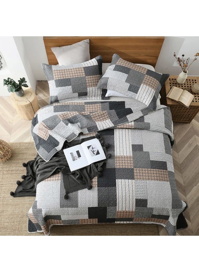 SahSahCasa Quilt King Size, King Quilt Set, 100% Cotton King Quilt Bedding Set Bedspread, Farmhouse Patchwork Quilt, Plaid Reversible Lightweight Rustic Comforter, Grey Black Brown White, 3 Pieces - Image 2