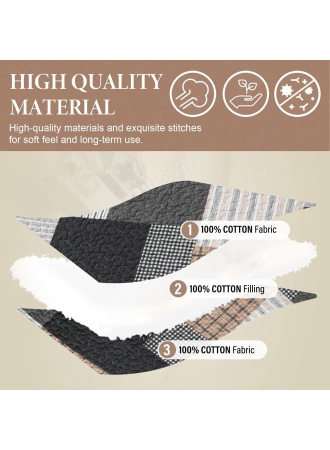 SahSahCasa Quilt King Size, King Quilt Set, 100% Cotton King Quilt Bedding Set Bedspread, Farmhouse Patchwork Quilt, Plaid Reversible Lightweight Rustic Comforter, Grey Black Brown White, 3 Pieces - Image 4
