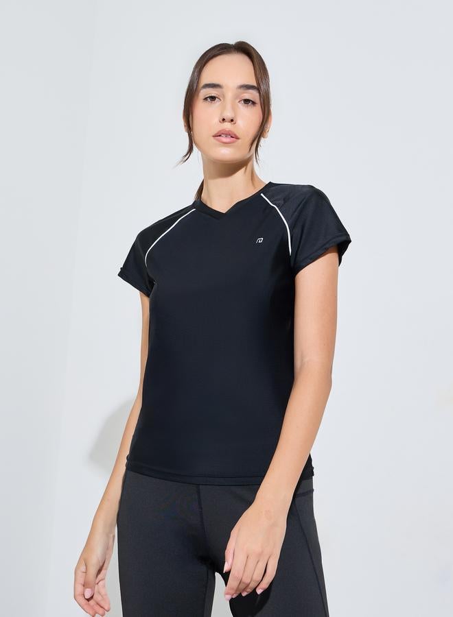 Styli Black Logo Contrast Shoulder Seam Detail Short Sleeve Top - Image 1