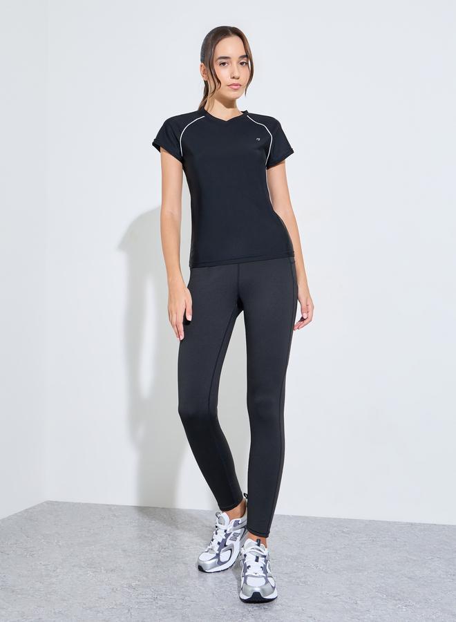Styli Black Logo Contrast Shoulder Seam Detail Short Sleeve Top - Image 2