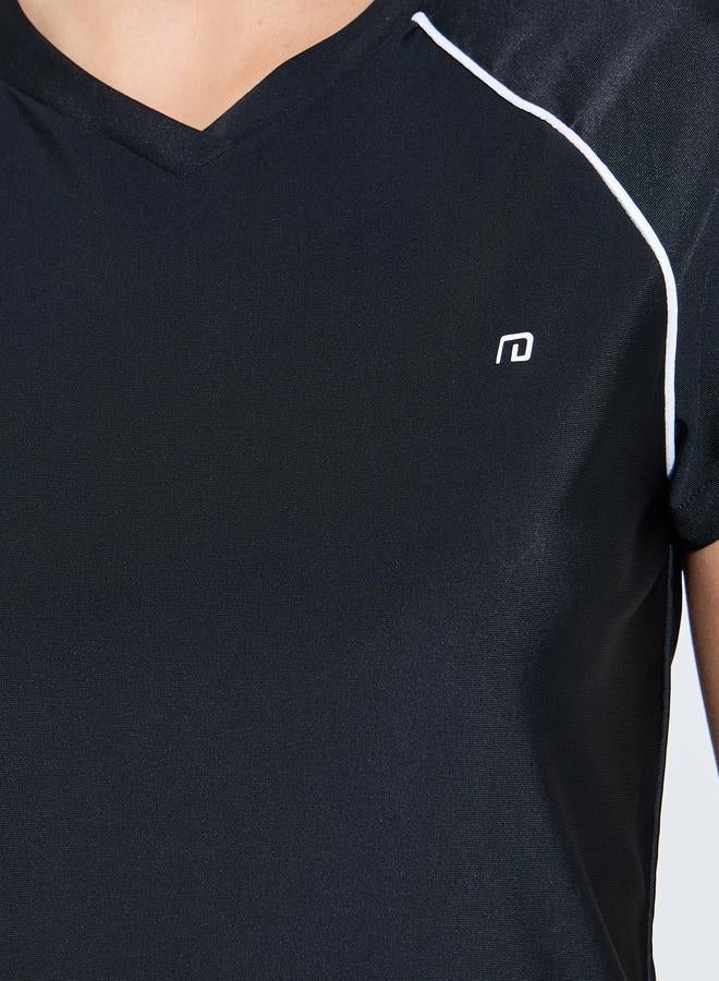 Styli Black Logo Contrast Shoulder Seam Detail Short Sleeve Top - Image 3