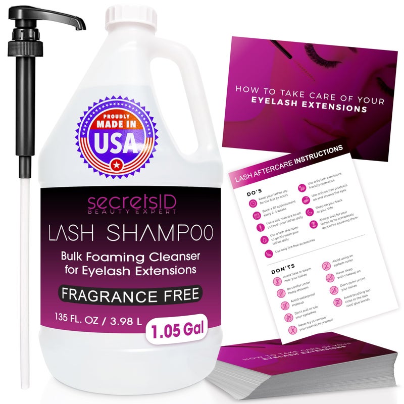 Professional Lash Shampoo for Eyelash Extensions Bulk 398L  105 Gallon with 50 Aftercare Cards  Premium Made in America Eyelid Foaming Cleanser  Salon Lash and Brow Wash  Fragrance Free