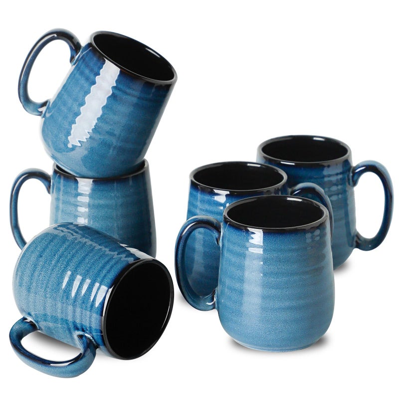 Hasense Porcelain Coffee Mugs Set of 6 15 Ounce Large Ceramic Coffee Cups Set with Handle for Latte Tea Cocoa and Hot Chocolate Blue Coffee Mugs for Men and Women Microwave Safe