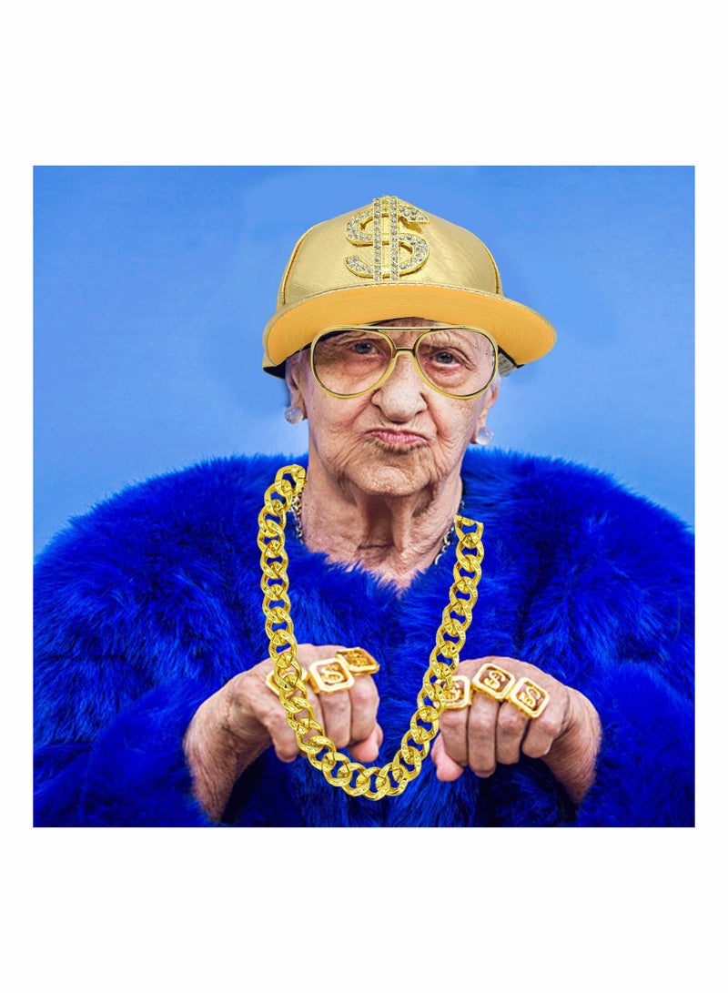 Excefore Hip Hop Costume Kit, 5 Pack Including Flat-Brimmed Hat&Necklace&Ring&Sunglasses&Bracelet, Men's and Women's Accessories, the 80s/90s Rapper Costume Golden - Image 4
