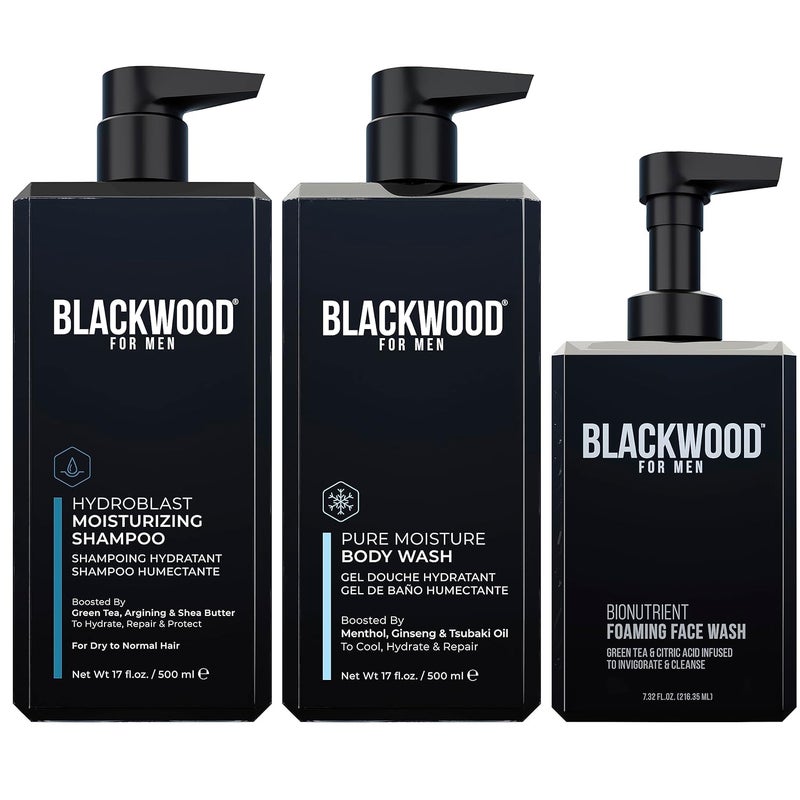 Blackwood For Men Hydroblast Moisturizing Shampoo 17oz Pure Moisture Body Wash 17oz and BioNutruent Foaming Face Wash 445oz Bundle for Men