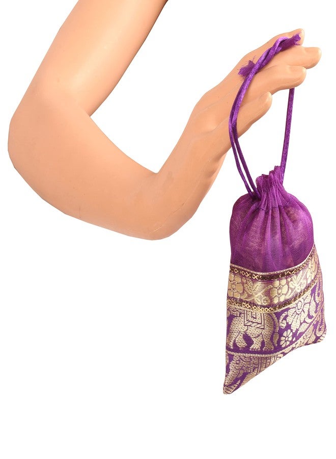 تتش ستون حقائب برباط من تاتشستون، مصنوعة يدوياً على الطريقة الهندية التقليدية من قماش البروكار بنقشة الفيل. مثالية للهدايا والمجوهرات وحفلات الزفاف وتوزيع الحلويات. طقم مكون من 9 حقائب صغيرة متعددة الألوان زاهية. - Image 4