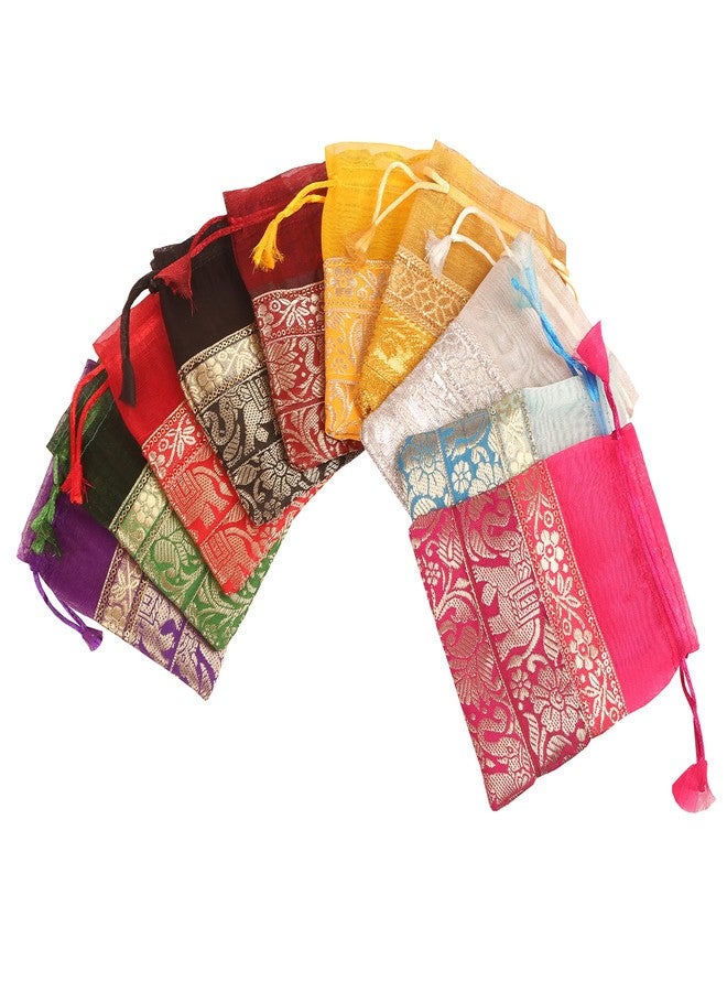 تتش ستون حقائب برباط من تاتشستون، مصنوعة يدوياً على الطريقة الهندية التقليدية من قماش البروكار بنقشة الفيل. مثالية للهدايا والمجوهرات وحفلات الزفاف وتوزيع الحلويات. طقم مكون من 9 حقائب صغيرة متعددة الألوان زاهية. - Image 5