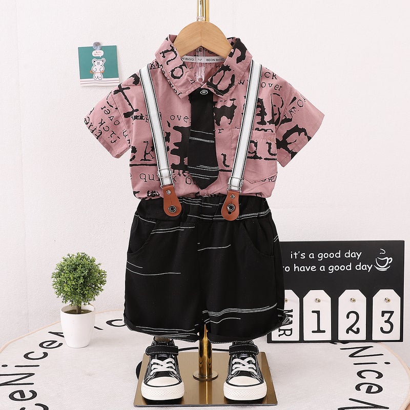 Boys Summer Wear Short-sleeved suit New Arrival Summer Fashionable Handsome Cyber Celebrity Fried Street Embossed Bow-tie Strap Shorts suit Ck tie suspender shorts lotus color 