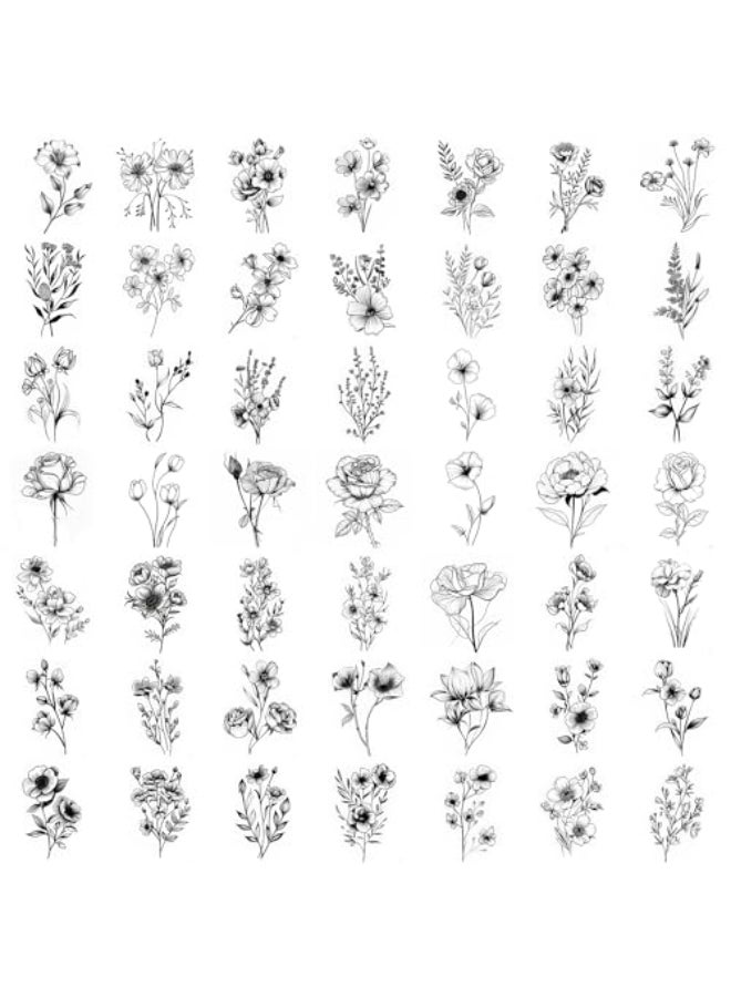 Awlee 50 Sheets Tiny Branch Black Flower Temporary Tattoos For Women Girl Floral Bouquet Small Tattoo Temporary Wild Plant Lavender Sweet Pea Larkspur Fake Tatoo Adults Face Hands Kids Sticker - Image 1