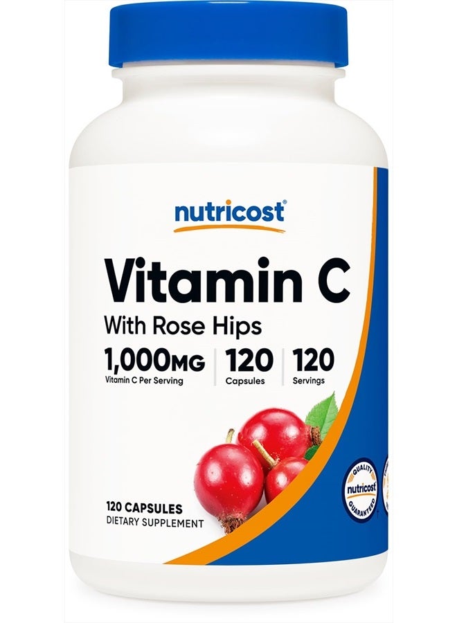 Nutricost Vitamin C with Rose HIPS 1025mg, 120 Capsules - Vitamin C 1000mg, Rose HIPS 25mg, Premium, Non-GMO, Gluten Free Supplement - Image 1