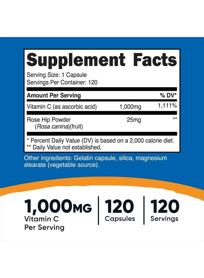 Nutricost Vitamin C with Rose HIPS 1025mg, 120 Capsules - Vitamin C 1000mg, Rose HIPS 25mg, Premium, Non-GMO, Gluten Free Supplement - Image 4