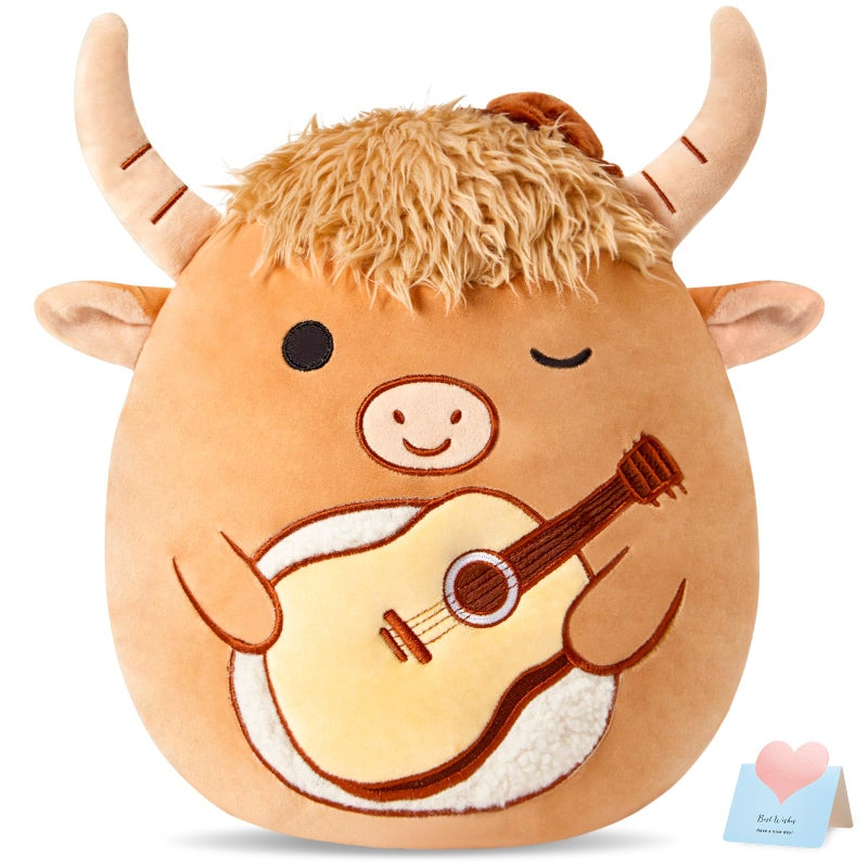 Glow Guards 12 ' ' Scottish Highland Cow Plush Pillow - Cute Stuffed Animal Soft Toy - Birthday Gift for Boys Girls Kids - Brown Cow Holding Guitar - Image 1