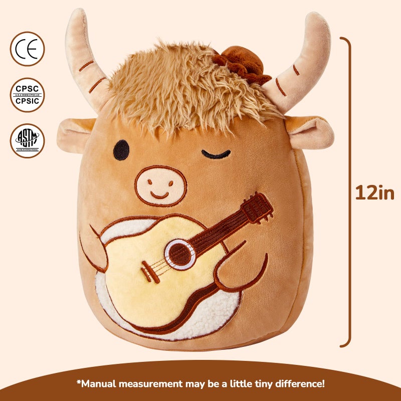 Glow Guards 12 ' ' Scottish Highland Cow Plush Pillow - Cute Stuffed Animal Soft Toy - Birthday Gift for Boys Girls Kids - Brown Cow Holding Guitar - Image 2