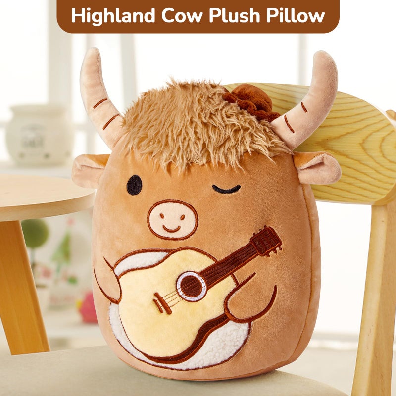Glow Guards 12 ' ' Scottish Highland Cow Plush Pillow - Cute Stuffed Animal Soft Toy - Birthday Gift for Boys Girls Kids - Brown Cow Holding Guitar - Image 5