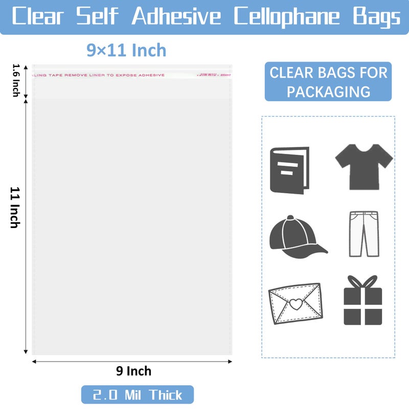 QOIUSO 9x11 Inch Self-Sealing Clear Plastic Shipping Bags for Clothes, 100 Pack OPP Poly Cellophane Packaging Bags with Reinforced Edges for Small Business Garment Storage & Mailing - Image 2
