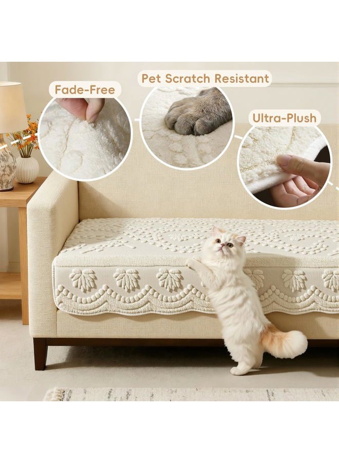 Arfntevss Couch Cover for Dogs Boho Plush Washable Sofa Covers for 3 Cushion Couch Pet Friendly Fuzzy Slipcovers 3 Seat Anti-Slip Sectional Furniture Protector (Plush Vines Cream White, 35.5" x 71") - Image 3