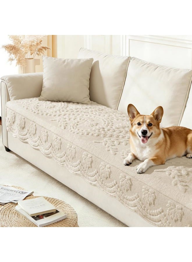 Arfntevss Couch Cover for Dogs Boho Plush Washable Sofa Covers for 3 Cushion Couch Pet Friendly Fuzzy Slipcovers 3 Seat Anti-Slip Sectional Furniture Protector (Plush Vines Cream White, 35.5" x 71") - Image 1