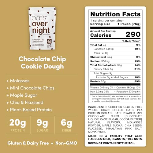 Oats Overnight - Chocolate Chip Cookie Dough - Vegan, 20g Protein, High Fiber Breakfast Shake - Gluten Free, Non GMO Oatmeal (2.6 oz per meal) (8 Pack) - Image 2