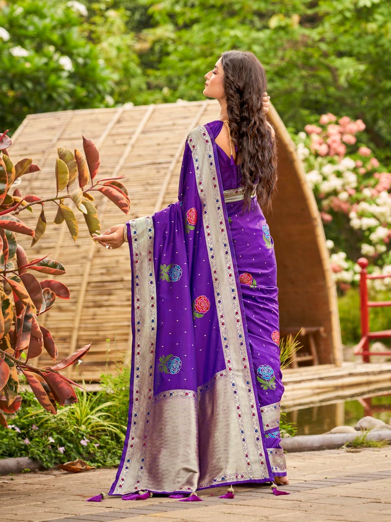 MANOHARI Women's Most Trendy Banarasi Satin Silk Woven Purple Colorful Flower Pattern Saree With Heavy Jacquard Work Saree With Blouse Piece_MN2036 - Image 3