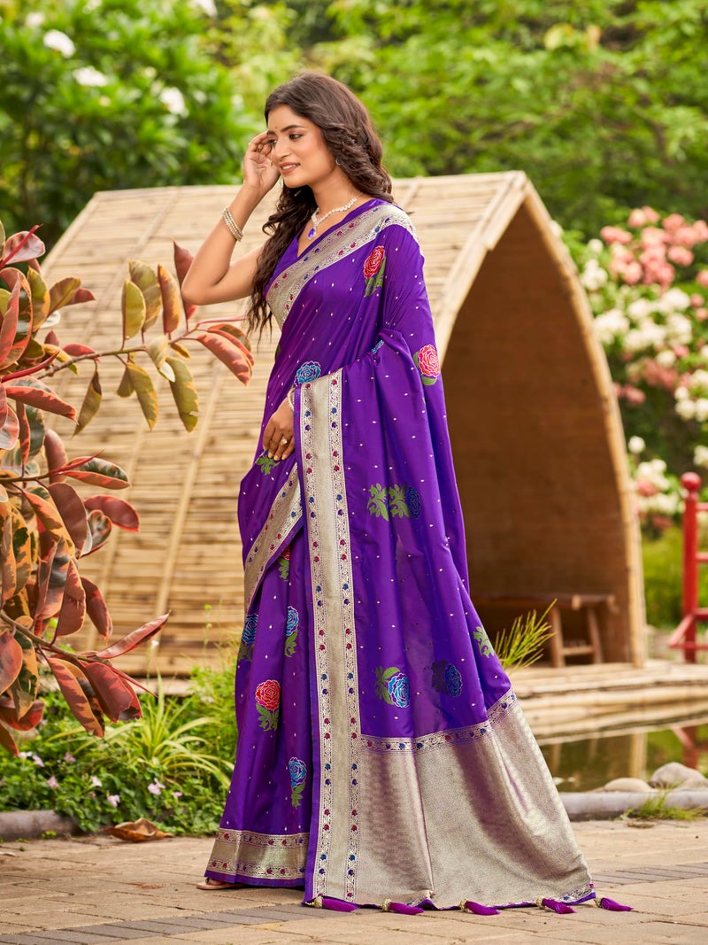 MANOHARI Women's Most Trendy Banarasi Satin Silk Woven Purple Colorful Flower Pattern Saree With Heavy Jacquard Work Saree With Blouse Piece_MN2036 - Image 2