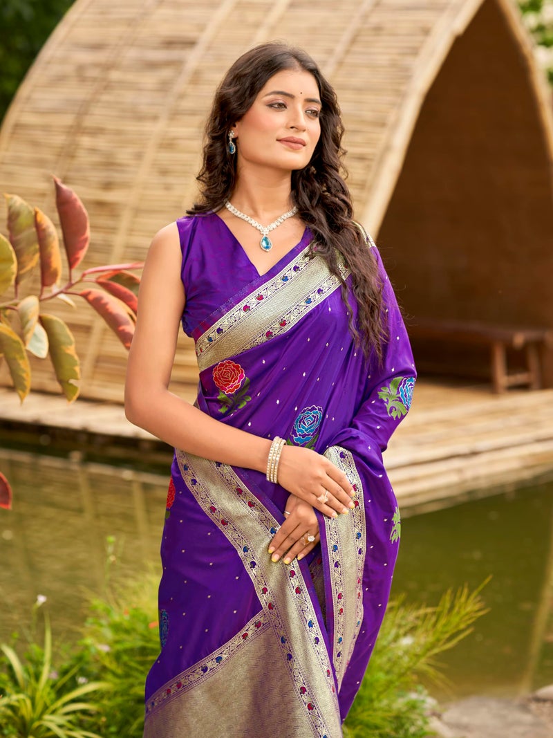 MANOHARI Women's Most Trendy Banarasi Satin Silk Woven Purple Colorful Flower Pattern Saree With Heavy Jacquard Work Saree With Blouse Piece_MN2036 - Image 5